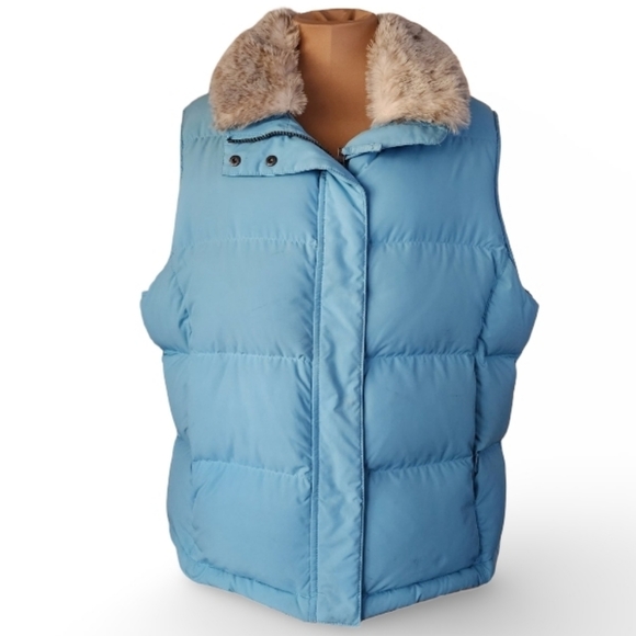 L.L. Bean Jackets & Blazers - L.L.Bean XL Petite Powder Blue Goose Down Puffer Vest Faux Fur Collar
